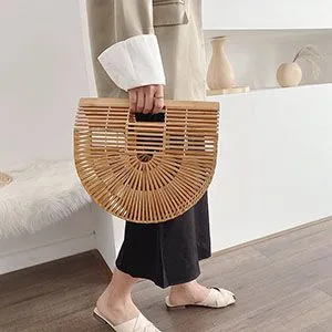 Boho Handmade Round Woven Handbag Bali Rattan Crossbody Beach Bag