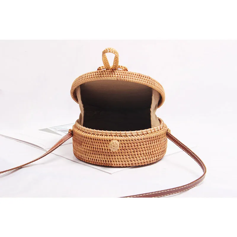 Boho Handmade Round Woven Handbag Bali Rattan Crossbody Beach Bag