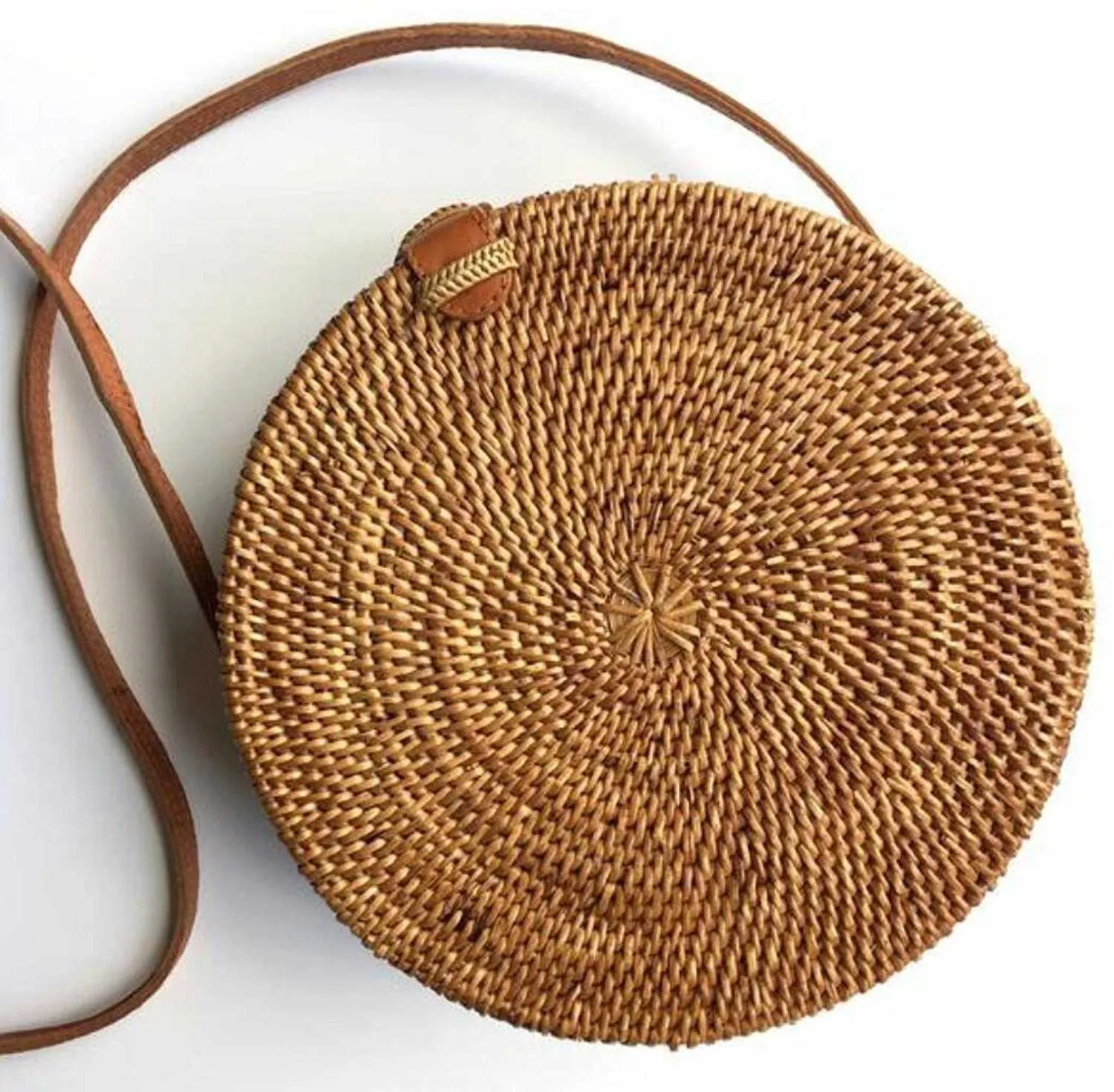 Boho Handmade Round Woven Handbag Bali Rattan Crossbody Beach Bag