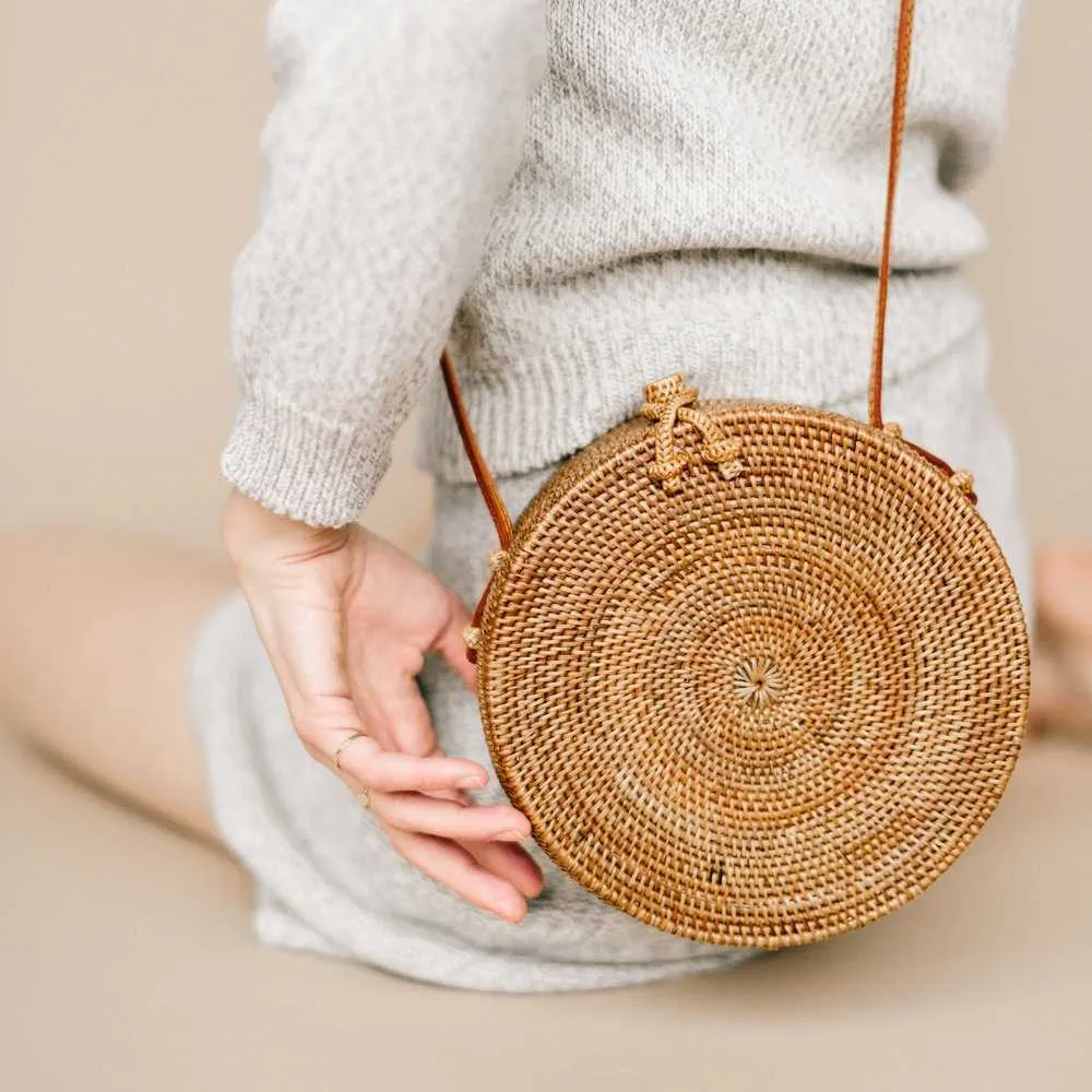 Boho Handmade Round Woven Handbag Bali Rattan Crossbody Beach Bag