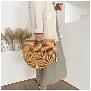 Boho Handmade Round Woven Handbag Bali Rattan Crossbody Beach Bag