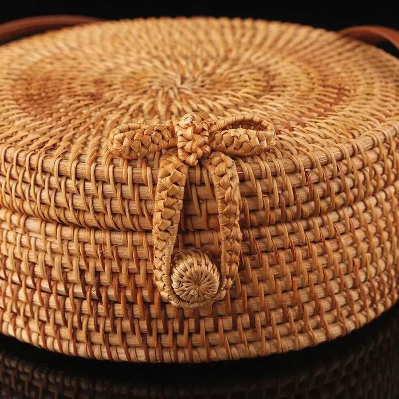 Boho Handmade Round Woven Handbag Bali Rattan Crossbody Beach Bag