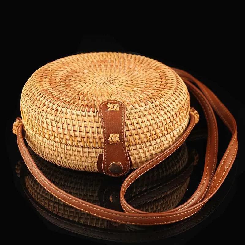 Boho Handmade Round Woven Handbag Bali Rattan Crossbody Beach Bag