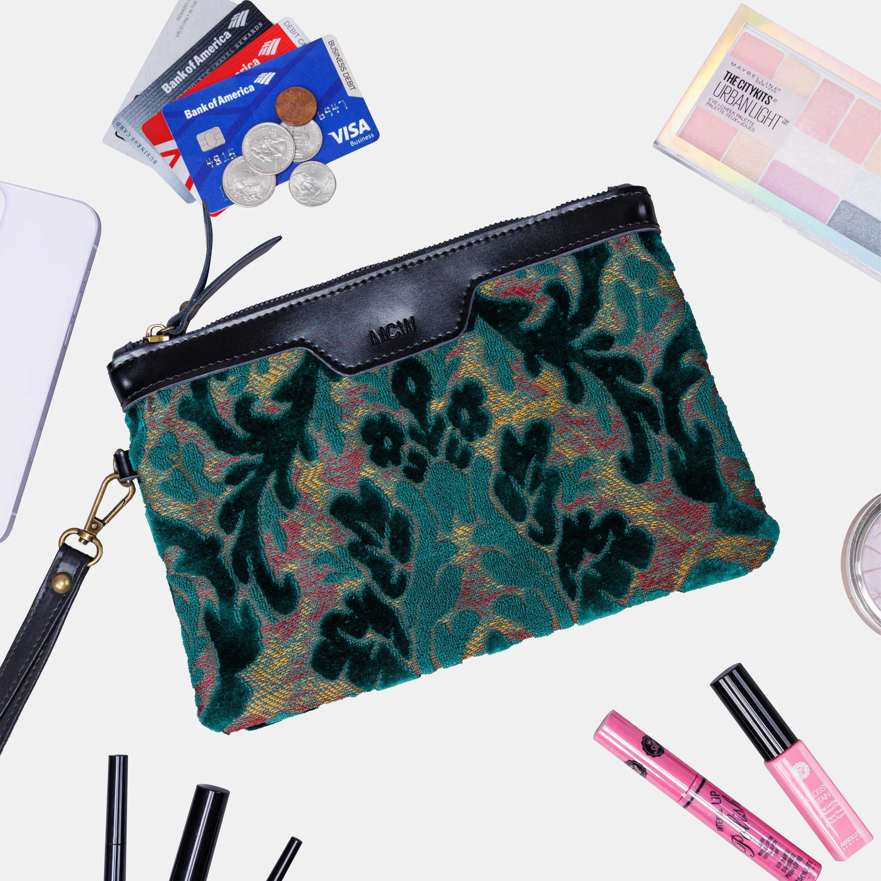 Burnout Velvet Jade Green Wristlet Clutch