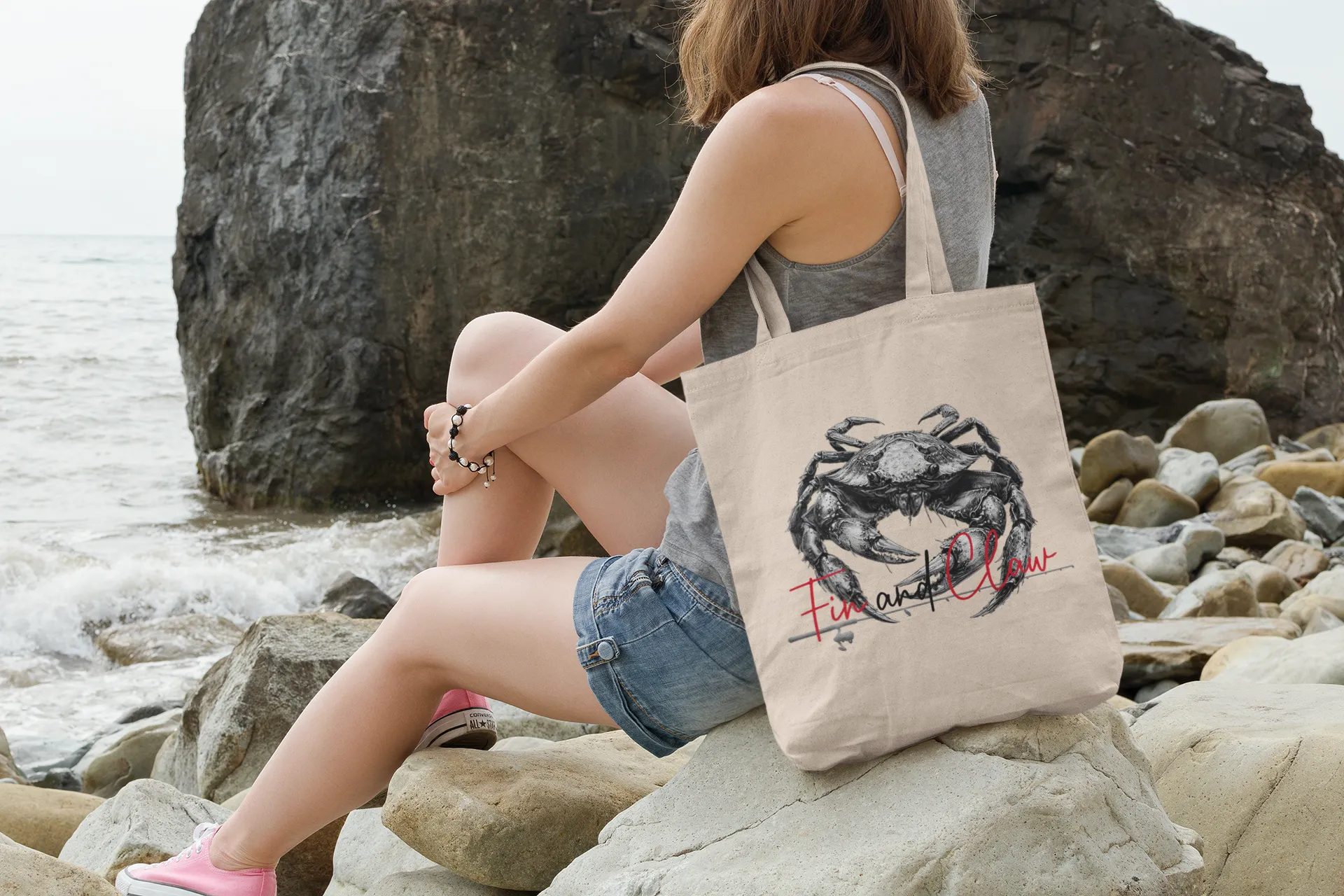 Canvas tote bag featuring the Fin and Claw Dungeness Crab design