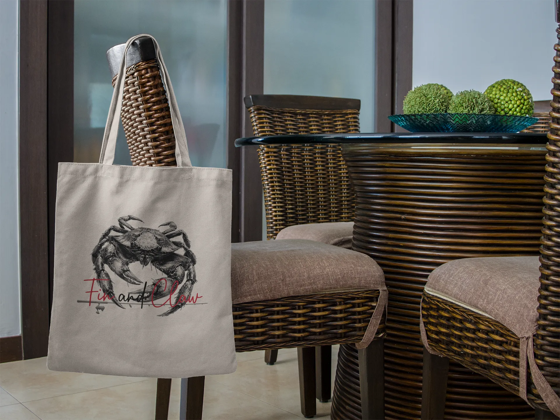 Canvas tote bag featuring the Fin and Claw Dungeness Crab design