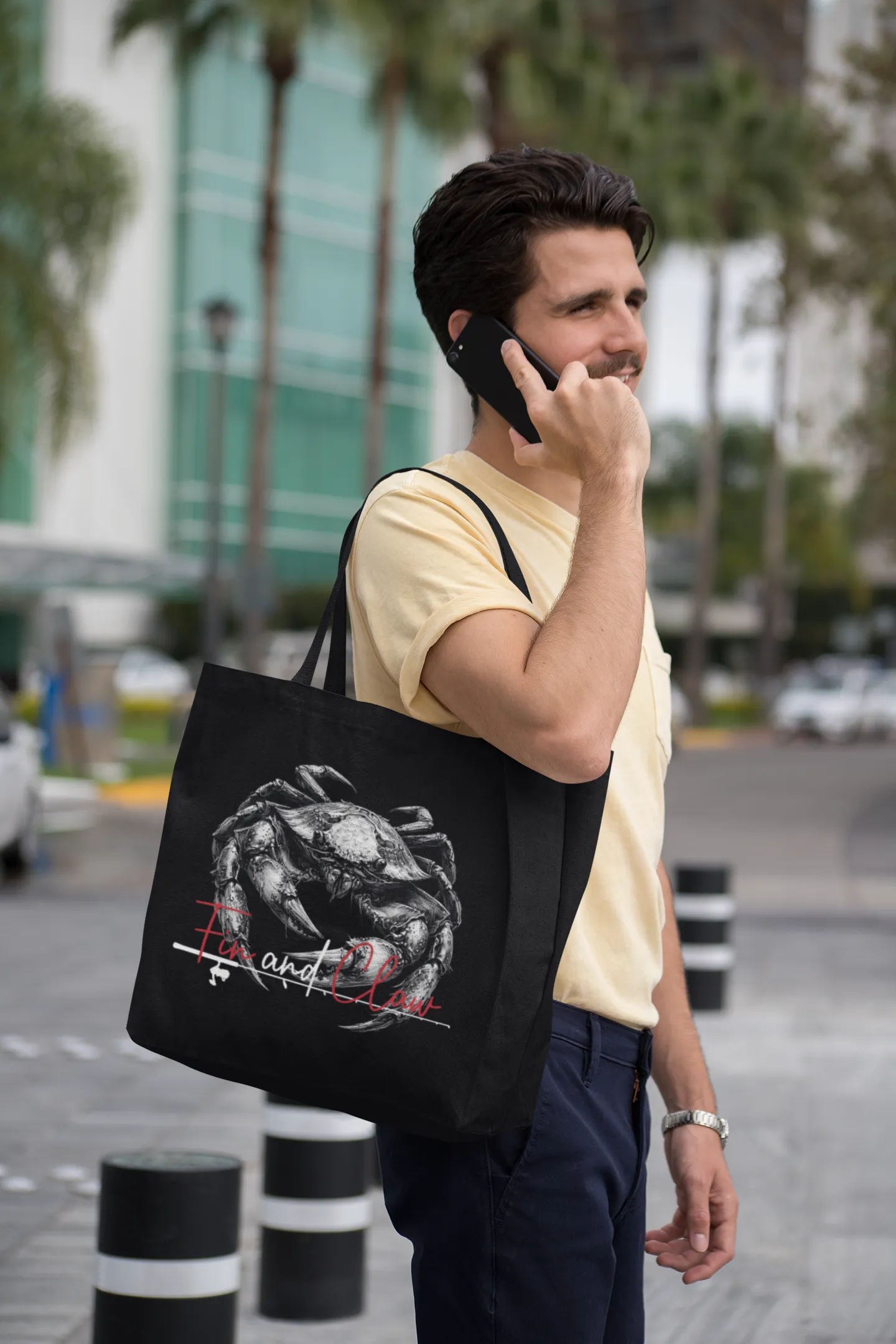 Canvas tote bag featuring the Fin and Claw Dungeness Crab design