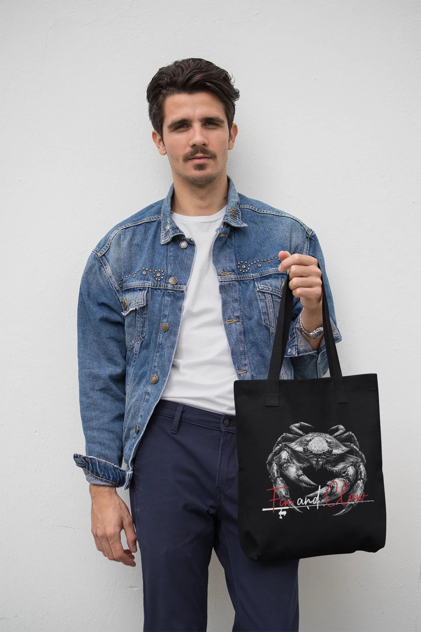 Canvas tote bag featuring the Fin and Claw Dungeness Crab design
