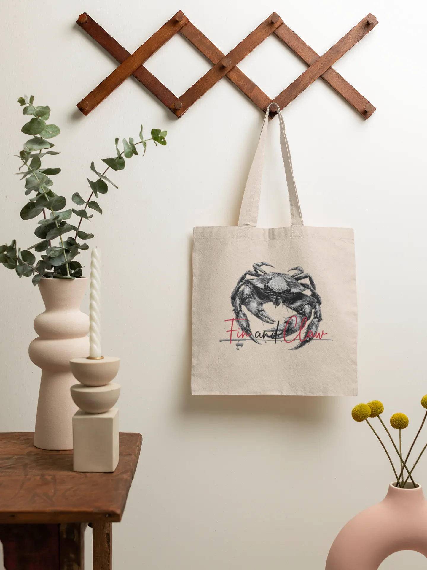 Canvas tote bag featuring the Fin and Claw Dungeness Crab design