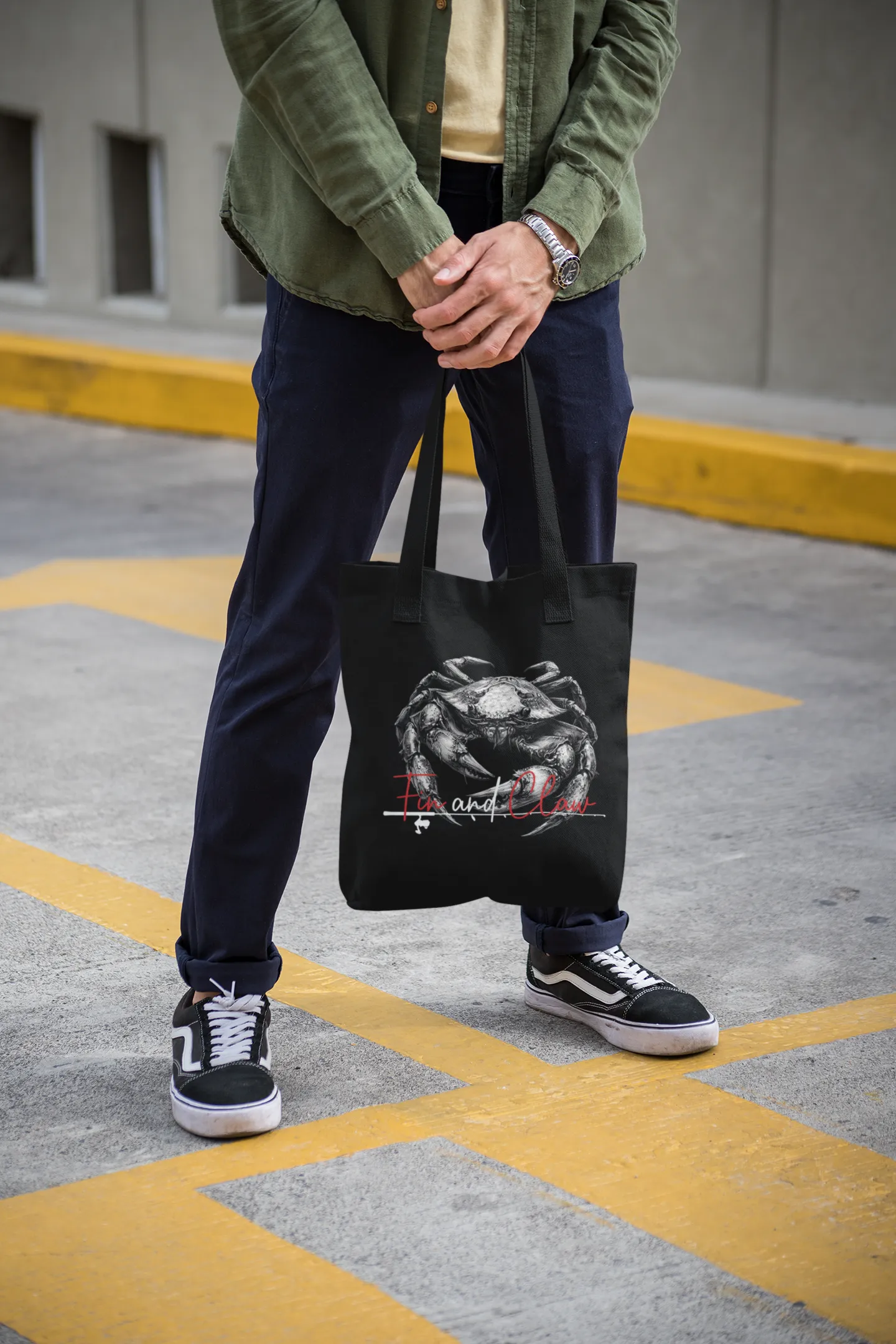 Canvas tote bag featuring the Fin and Claw Dungeness Crab design