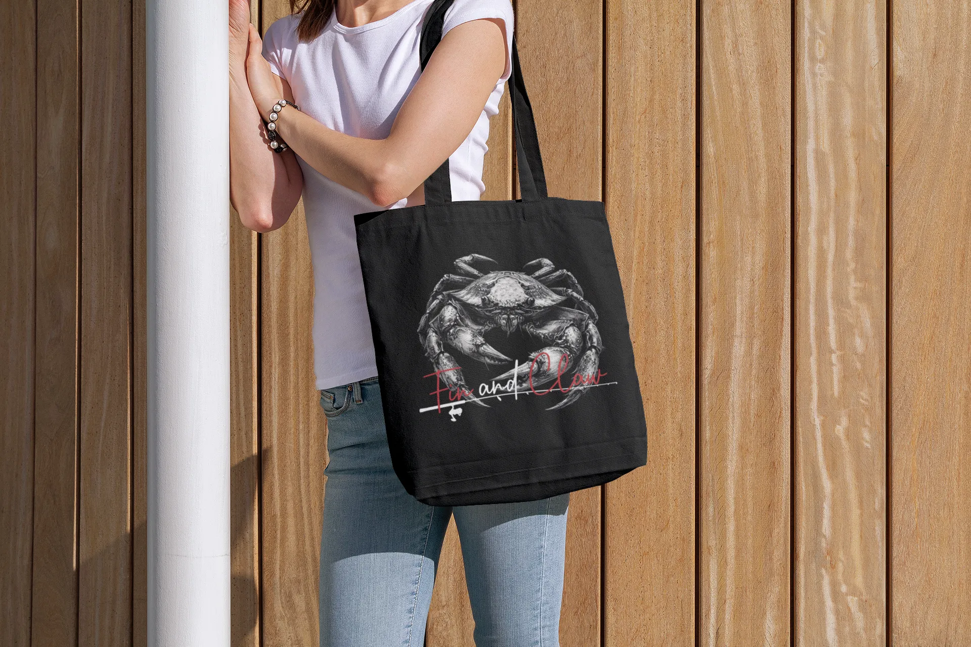 Canvas tote bag featuring the Fin and Claw Dungeness Crab design
