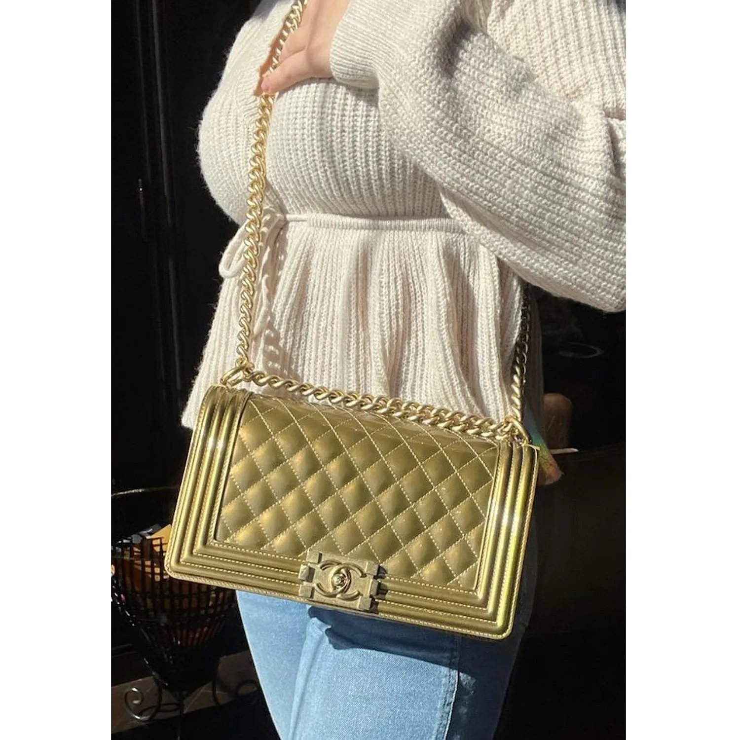 Chanel Bag Metallic Patent Calfskin Quilted Medium Boy Bag