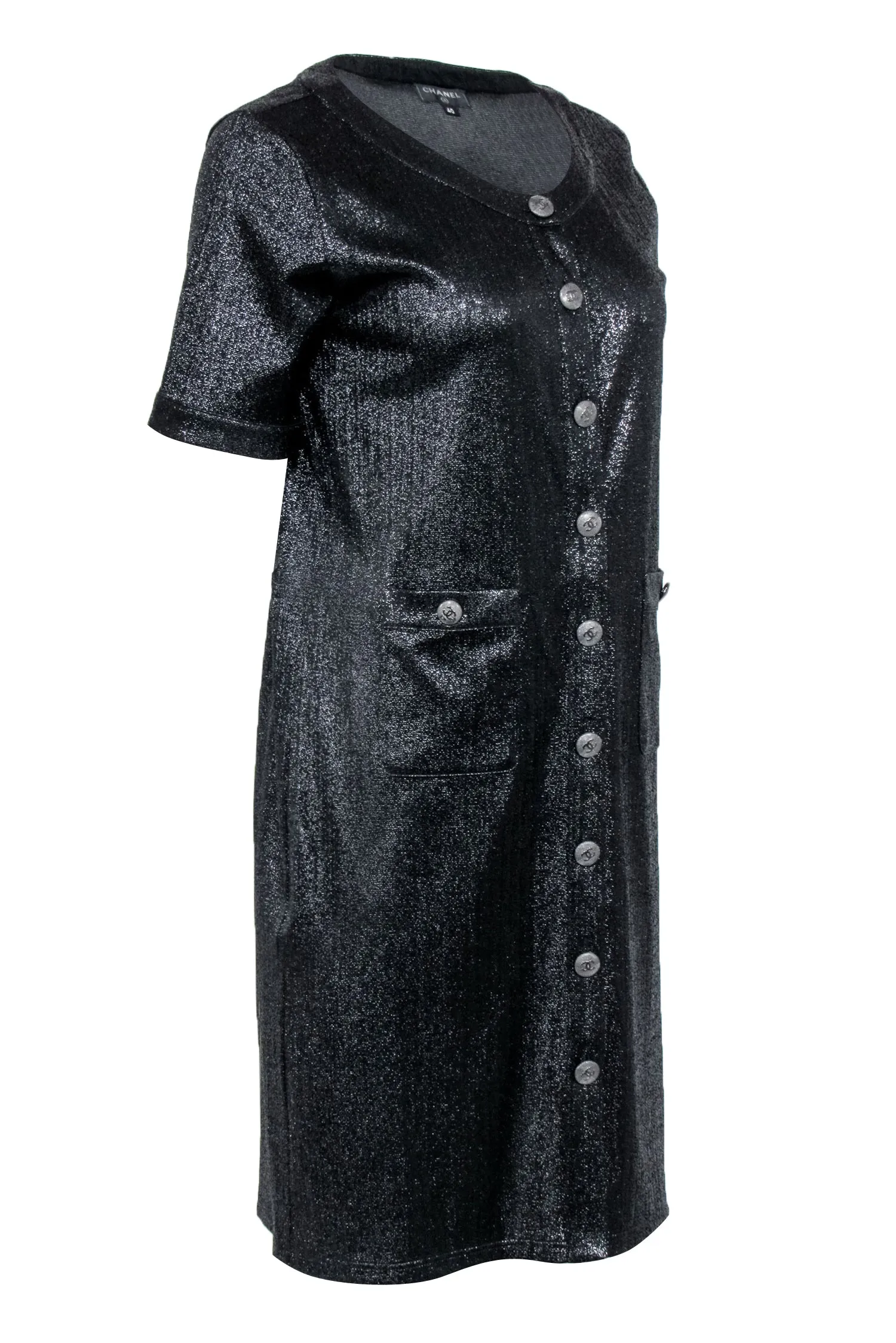 Chanel - Black Metallic Button Front Shirt Dress Sz 8