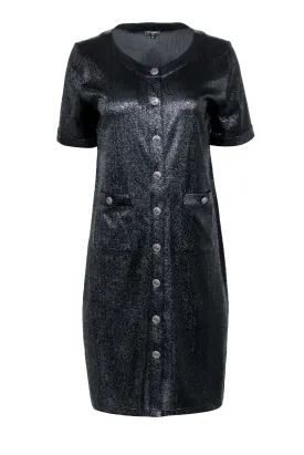 Chanel - Black Metallic Button Front Shirt Dress Sz 8