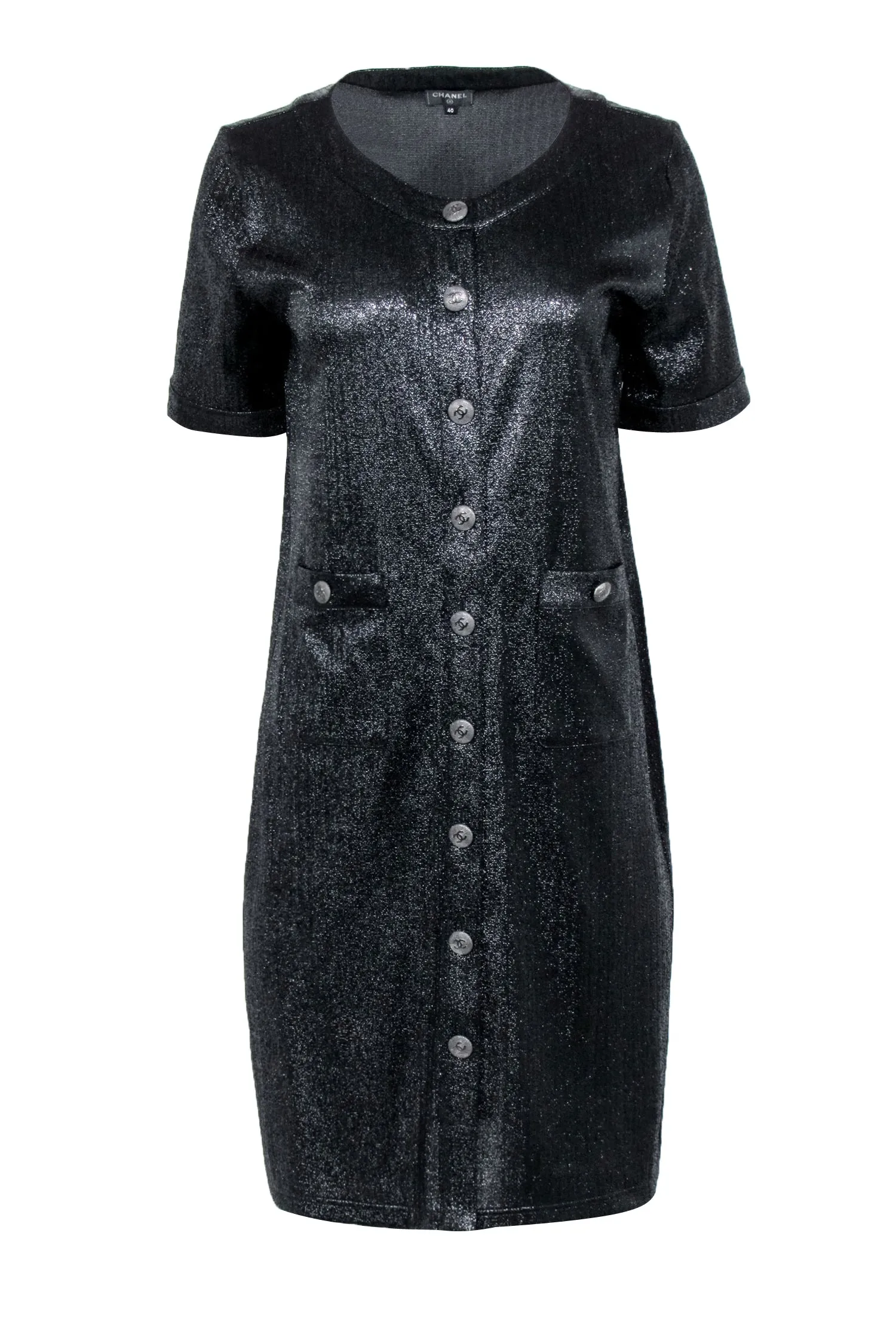 Chanel - Black Metallic Button Front Shirt Dress Sz 8