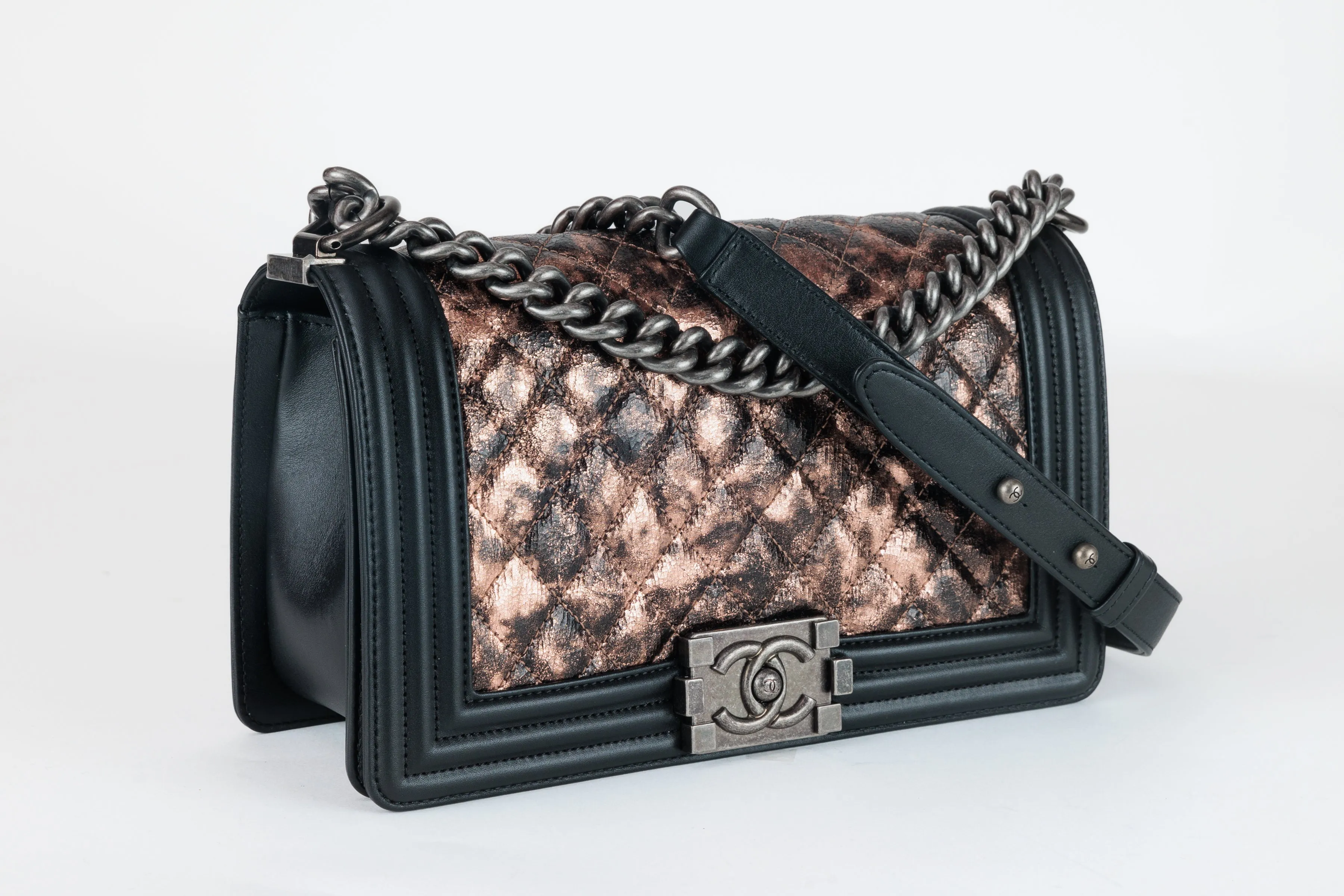 Chanel Black Metallic Copper Canvas Medium Boy Bag with Ruthenium Hardware