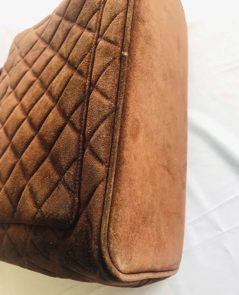 Chanel Vintage Brown Suede Classic Tote Bag With Large Cc Mark And Golden Cc Medal Charm To The Zipper