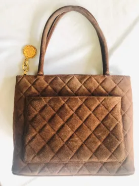 Chanel Vintage Brown Suede Classic Tote Bag With Large Cc Mark And Golden Cc Medal Charm To The Zipper