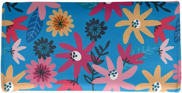 Cute Daisy PU Leather Trifold Wallets for Women Blue Pink Minimalism Aesthetic Floral Money Manager Womens Leather Wallets Tall Billfold Cash Wallet