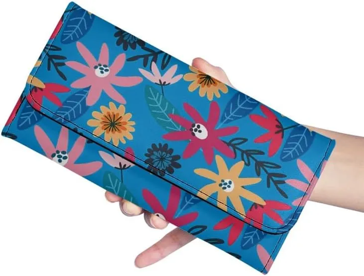Cute Daisy PU Leather Trifold Wallets for Women Blue Pink Minimalism Aesthetic Floral Money Manager Womens Leather Wallets Tall Billfold Cash Wallet