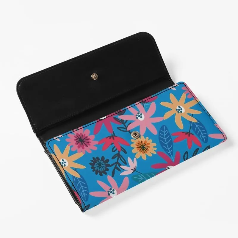 Cute Daisy PU Leather Trifold Wallets for Women Blue Pink Minimalism Aesthetic Floral Money Manager Womens Leather Wallets Tall Billfold Cash Wallet