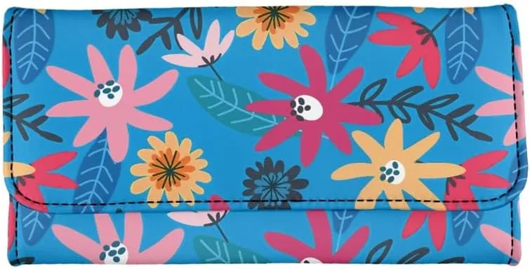Cute Daisy PU Leather Trifold Wallets for Women Blue Pink Minimalism Aesthetic Floral Money Manager Womens Leather Wallets Tall Billfold Cash Wallet