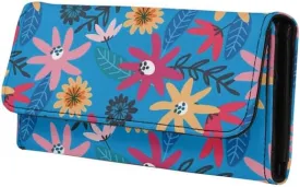 Cute Daisy PU Leather Trifold Wallets for Women Blue Pink Minimalism Aesthetic Floral Money Manager Womens Leather Wallets Tall Billfold Cash Wallet