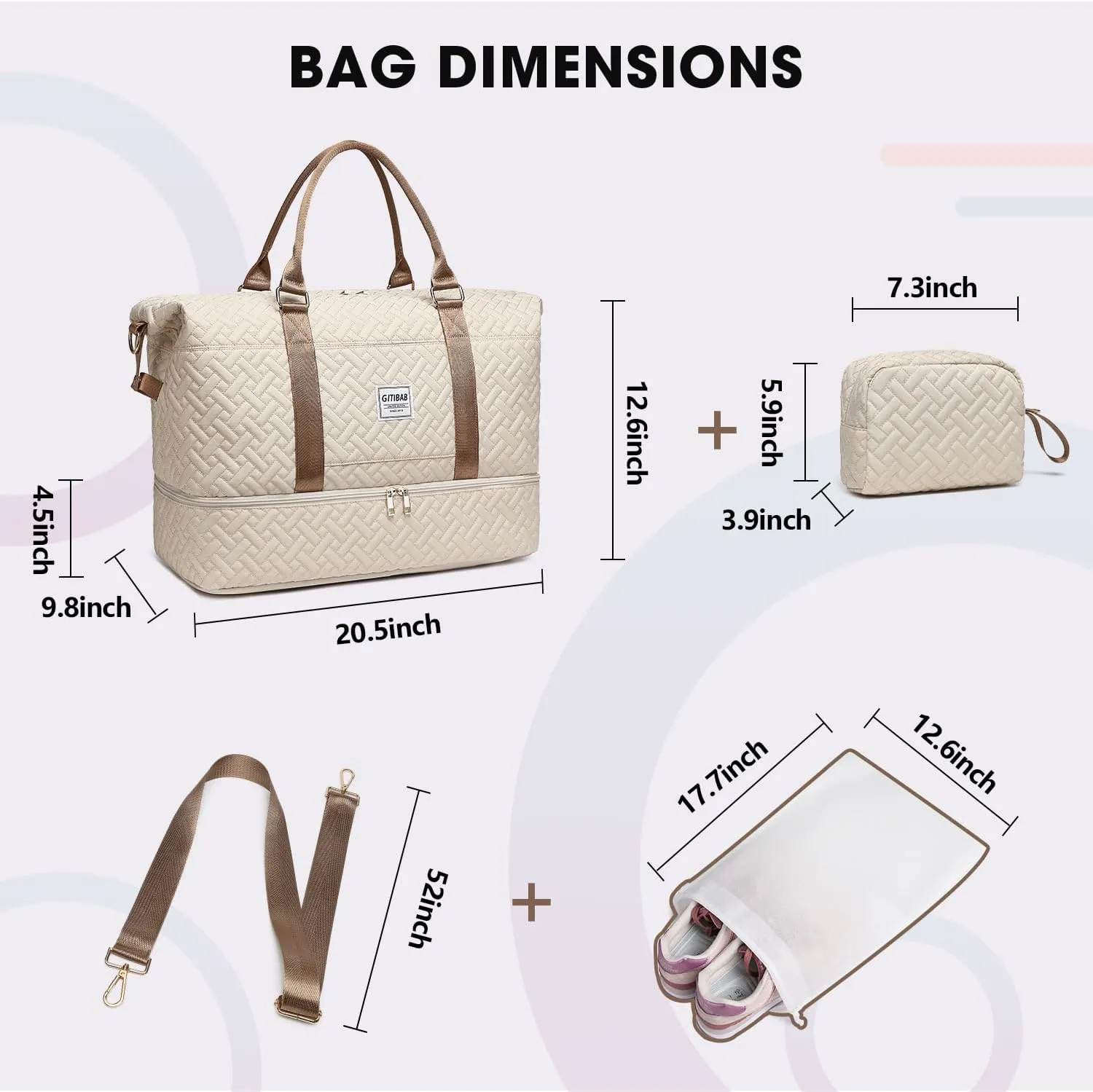 Duffle Bags for women,50L Quilted Travel Weekender Bag with Shoe Compartment, Large Carry On Overnight Tote Gym Bag