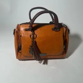 Elegant Tan and Brown Leather Satchel with Tassel Detail