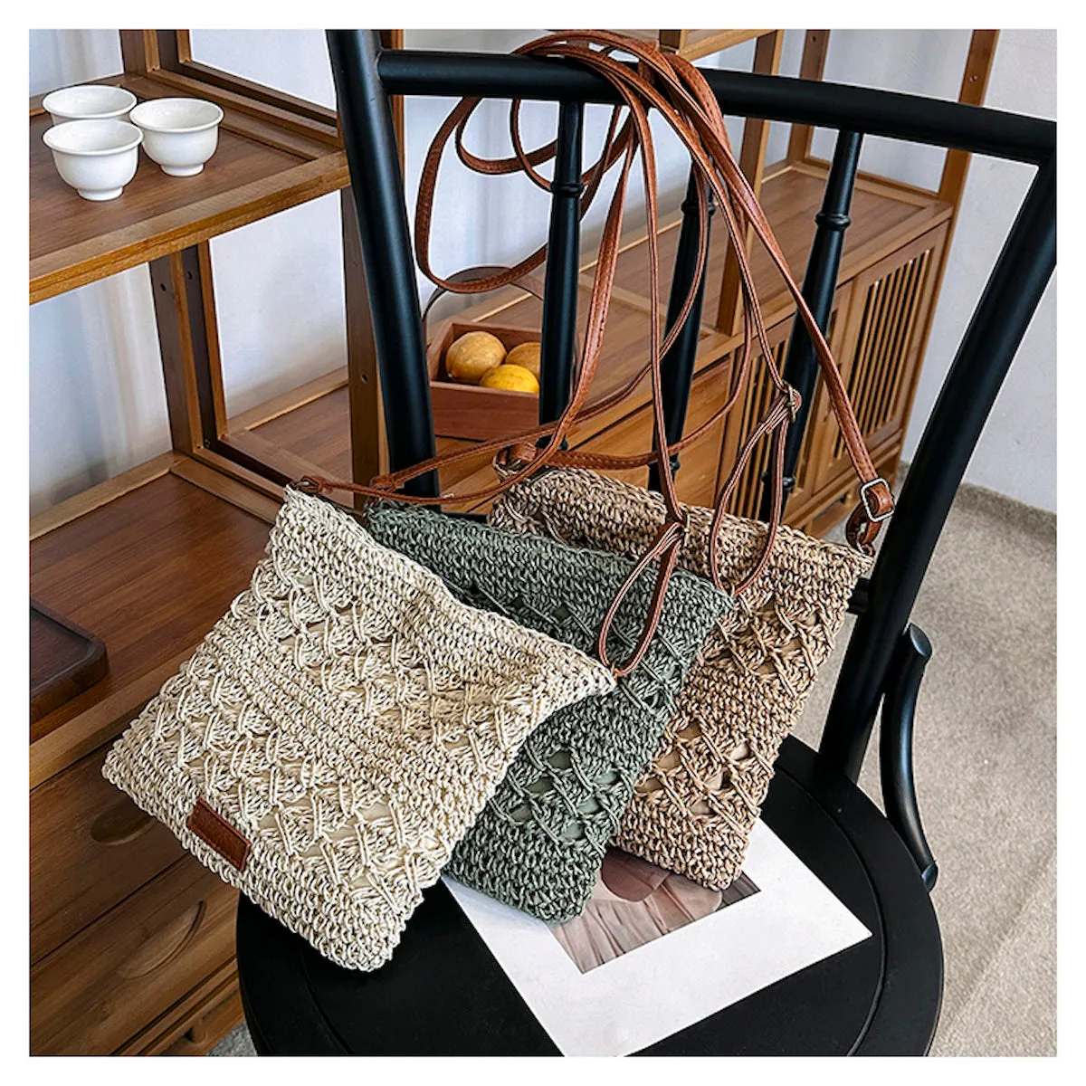 Elena Handbags Straw Woven Crossbody Purse