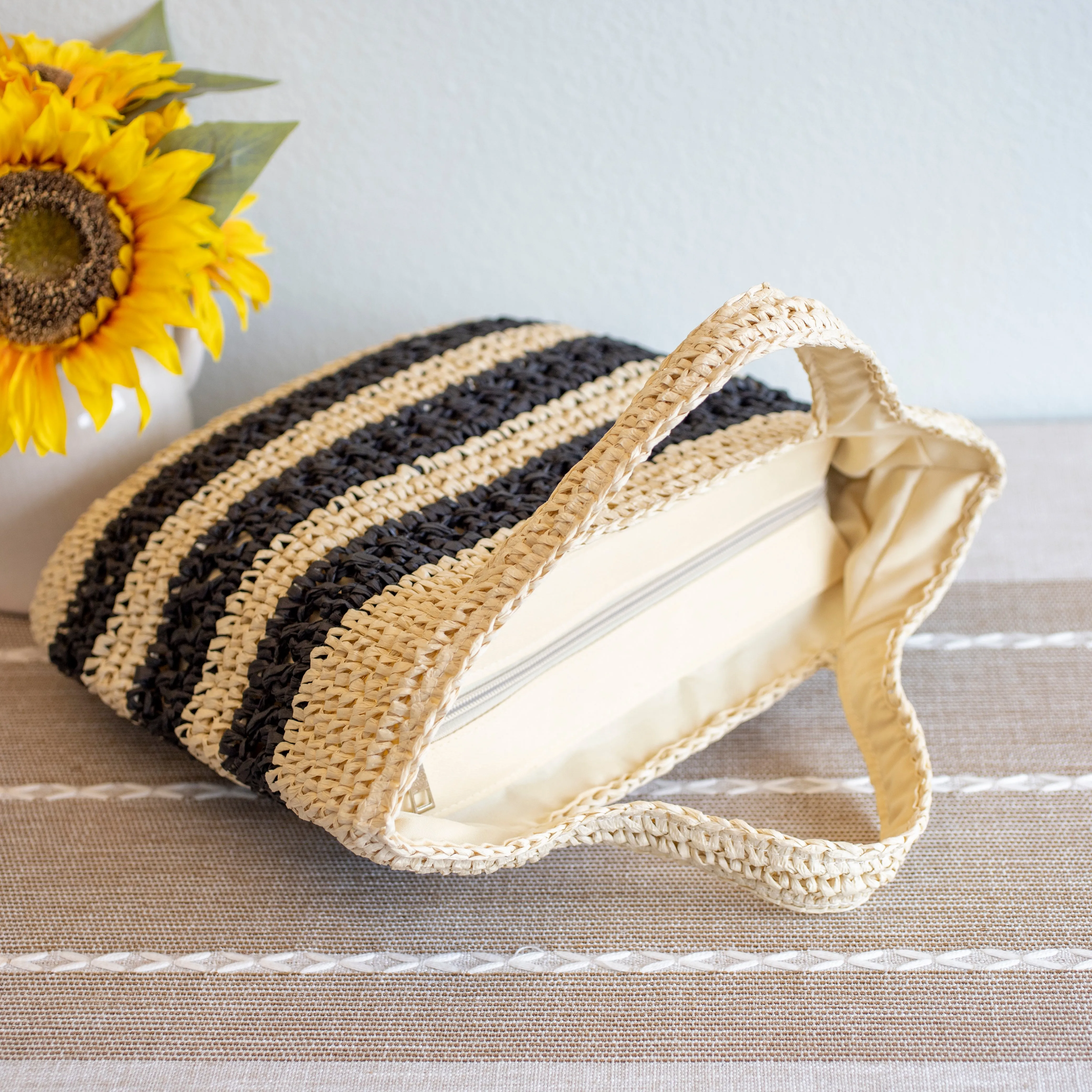 Elena Handbags Straw Woven Striped Summer Tote
