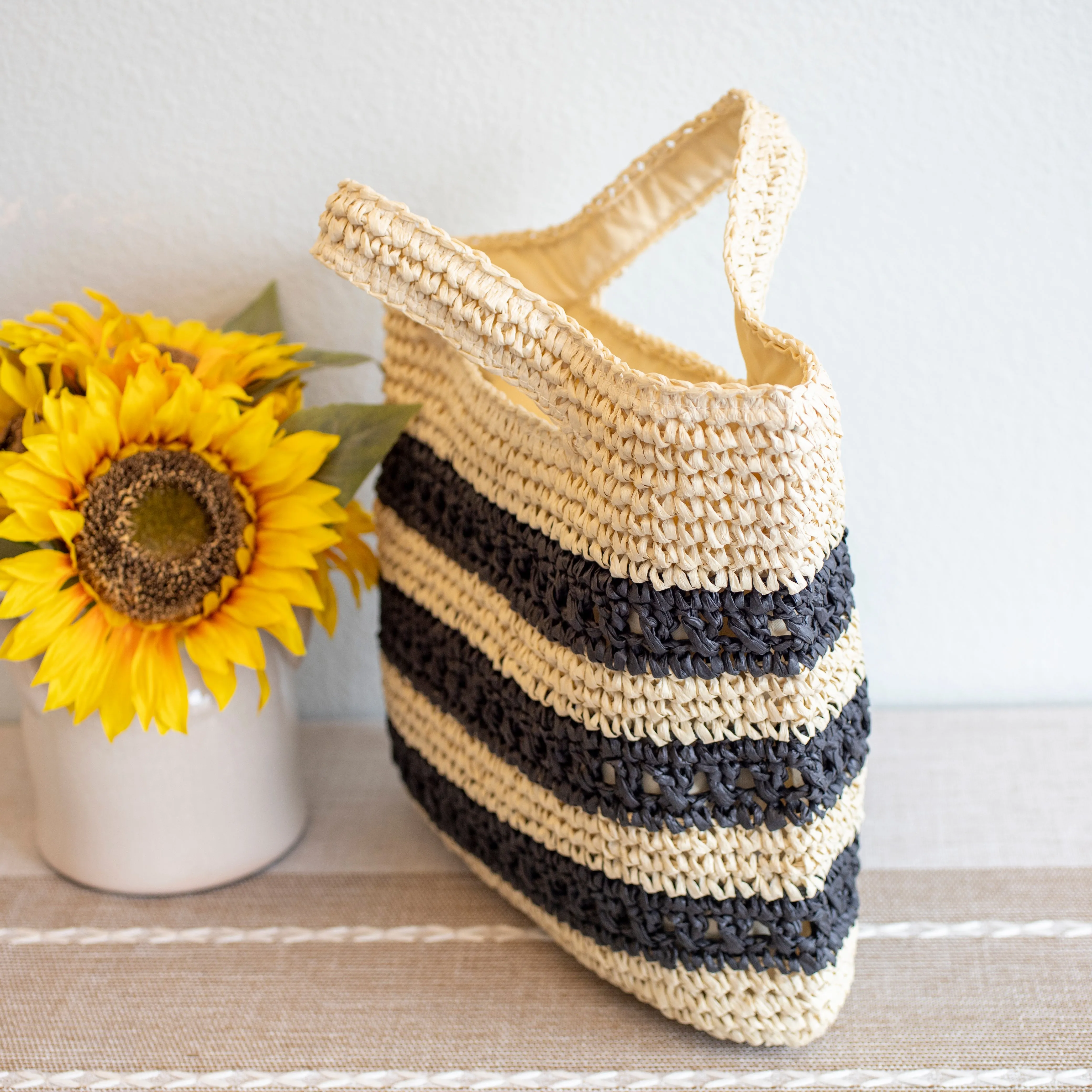 Elena Handbags Straw Woven Striped Summer Tote