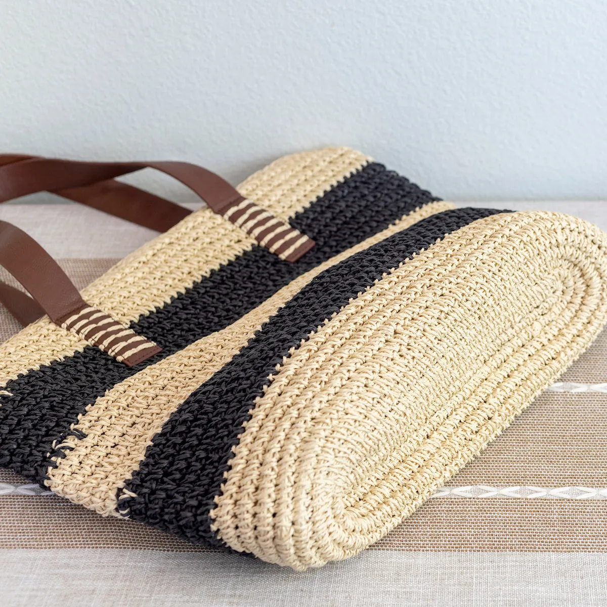 Elena Handbags Striped Large Straw Summer Tote Fashion Handbag with Wide Straps