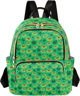 Exnundod Backpack Purse for Women Green Tone Cute Frog, Mini Fashion Backpack Lotus Pond Lightweight Casual Daypack Shoulder Bag Travel Backpack, Small
