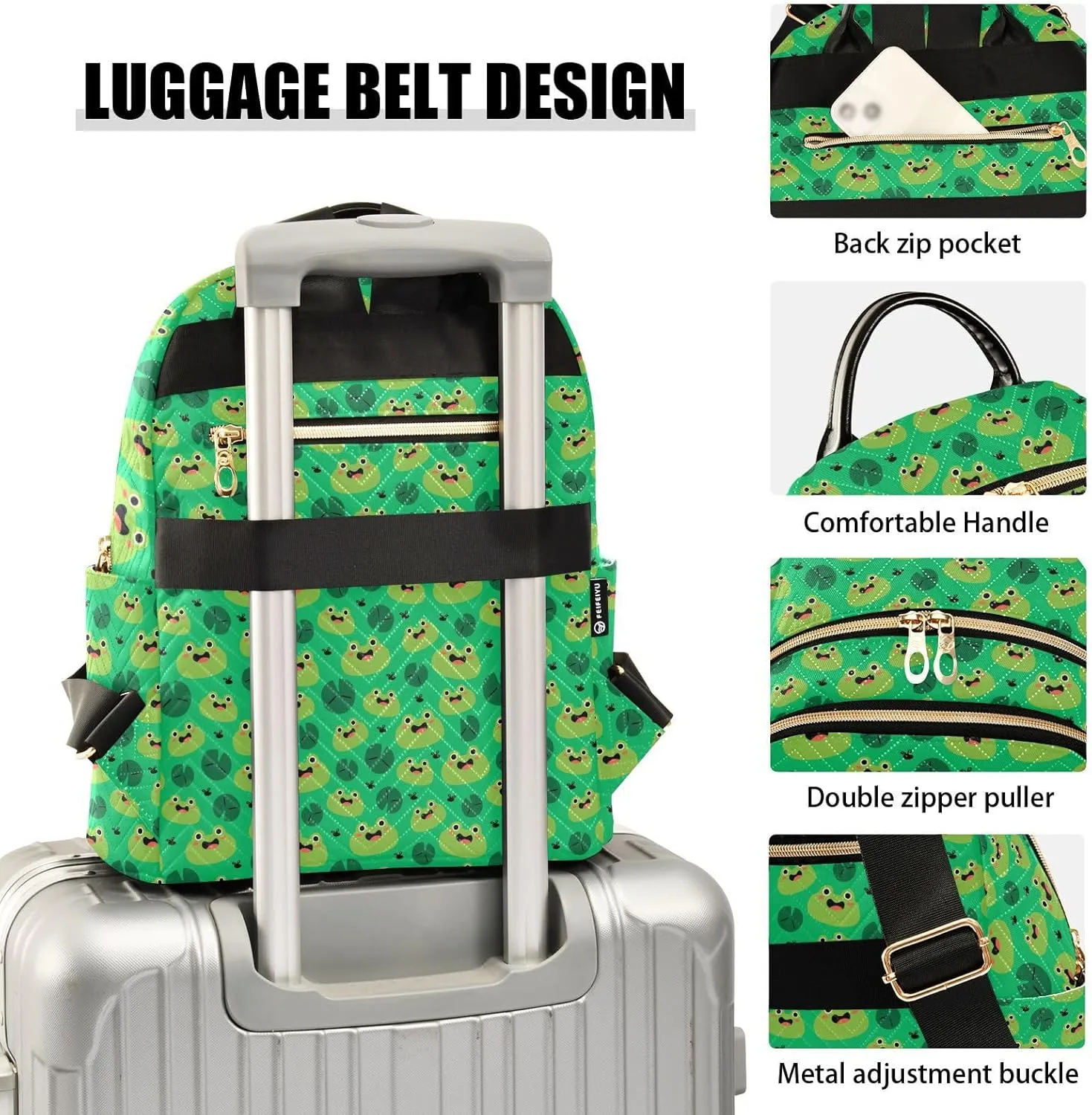 Exnundod Backpack Purse for Women Green Tone Cute Frog, Mini Fashion Backpack Lotus Pond Lightweight Casual Daypack Shoulder Bag Travel Backpack, Small