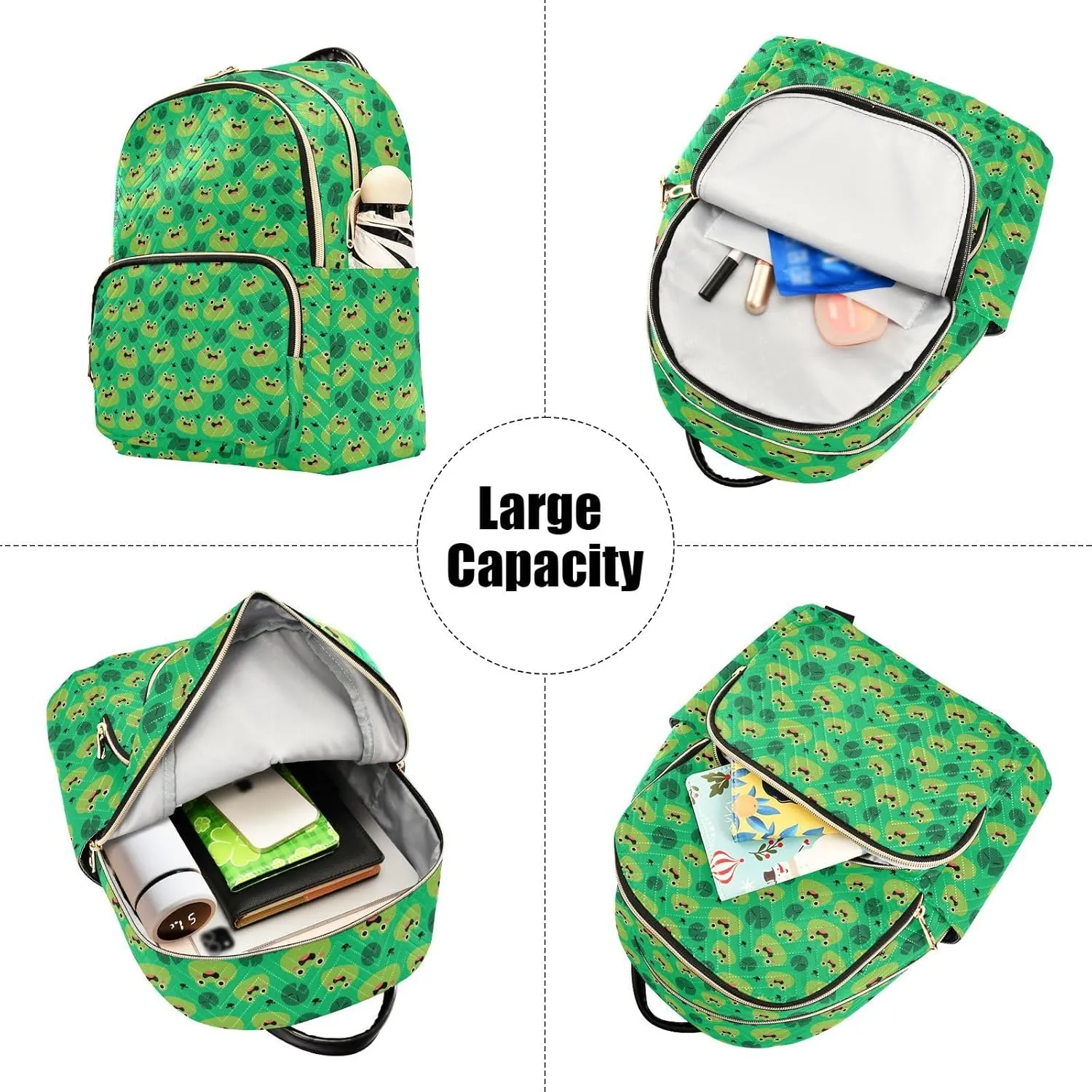Exnundod Backpack Purse for Women Green Tone Cute Frog, Mini Fashion Backpack Lotus Pond Lightweight Casual Daypack Shoulder Bag Travel Backpack, Small