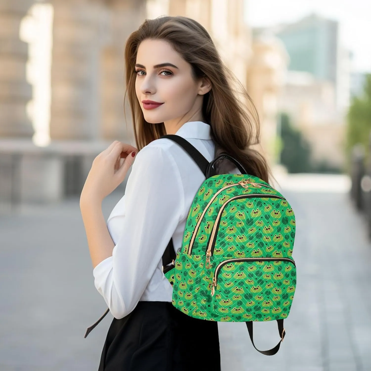 Exnundod Backpack Purse for Women Green Tone Cute Frog, Mini Fashion Backpack Lotus Pond Lightweight Casual Daypack Shoulder Bag Travel Backpack, Small
