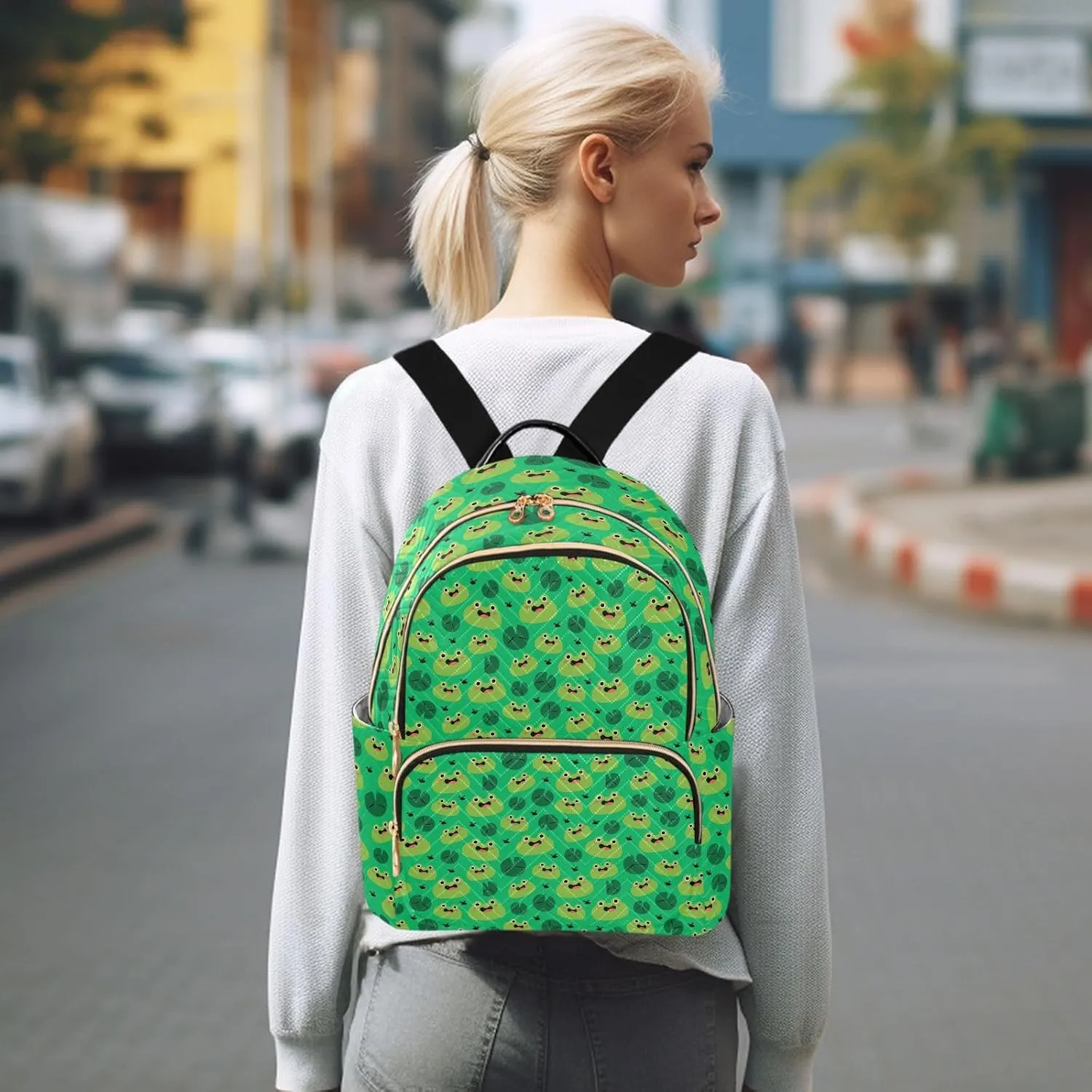 Exnundod Backpack Purse for Women Green Tone Cute Frog, Mini Fashion Backpack Lotus Pond Lightweight Casual Daypack Shoulder Bag Travel Backpack, Small