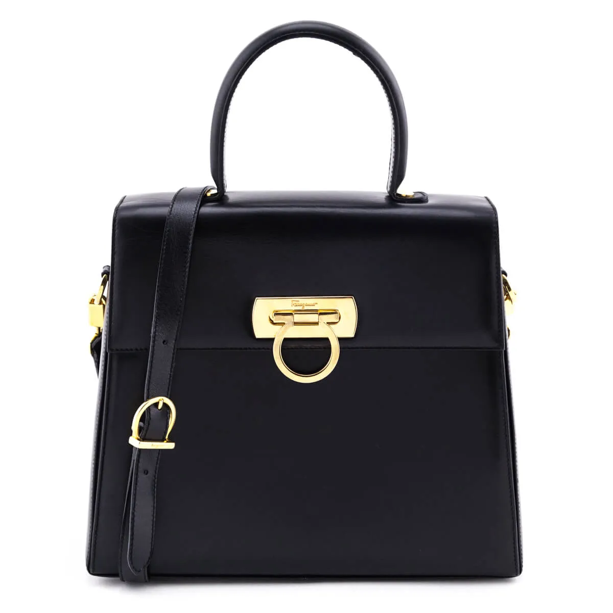 Ferragamo Black Smooth Calfskin Gancini Top Handle Bag