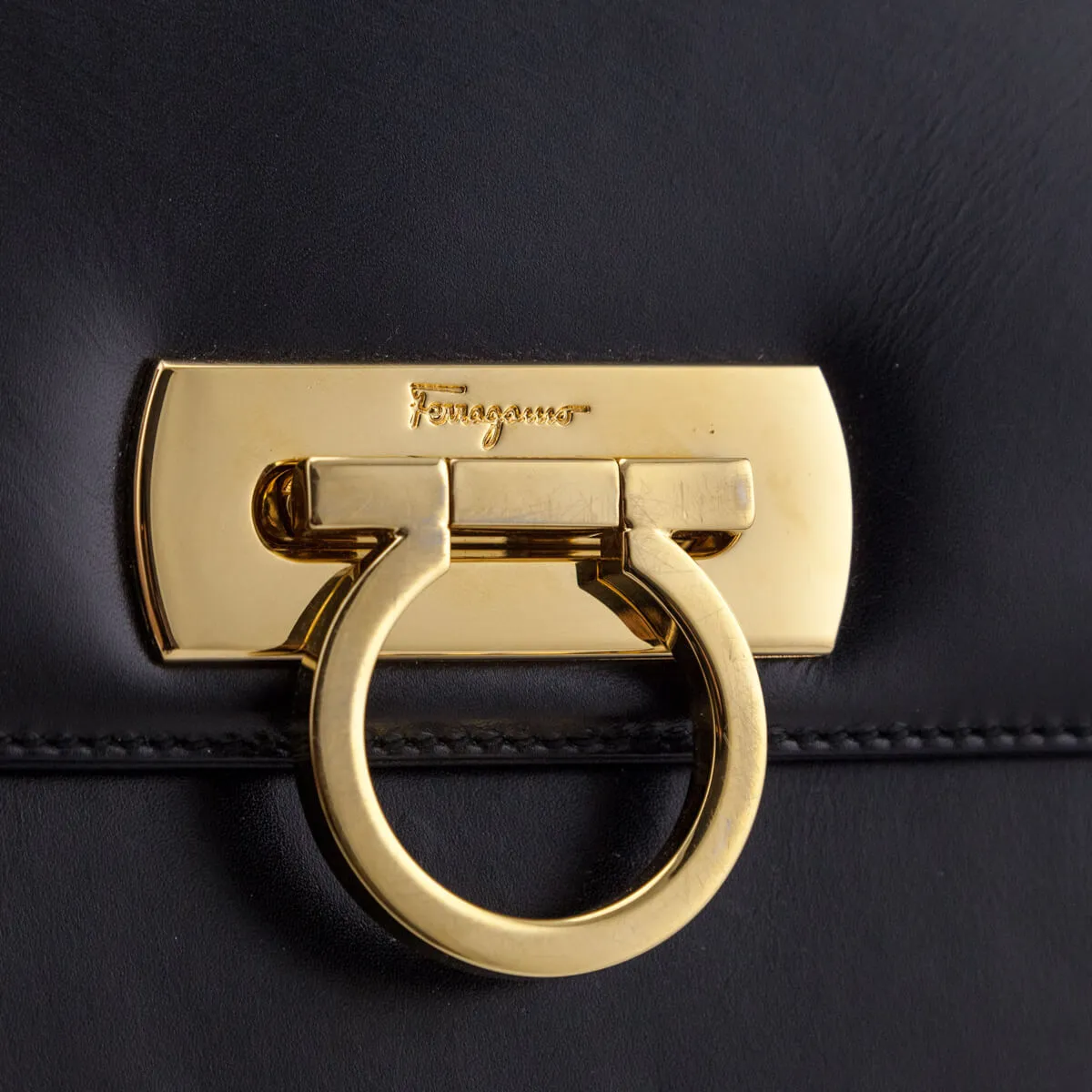 Ferragamo Black Smooth Calfskin Gancini Top Handle Bag
