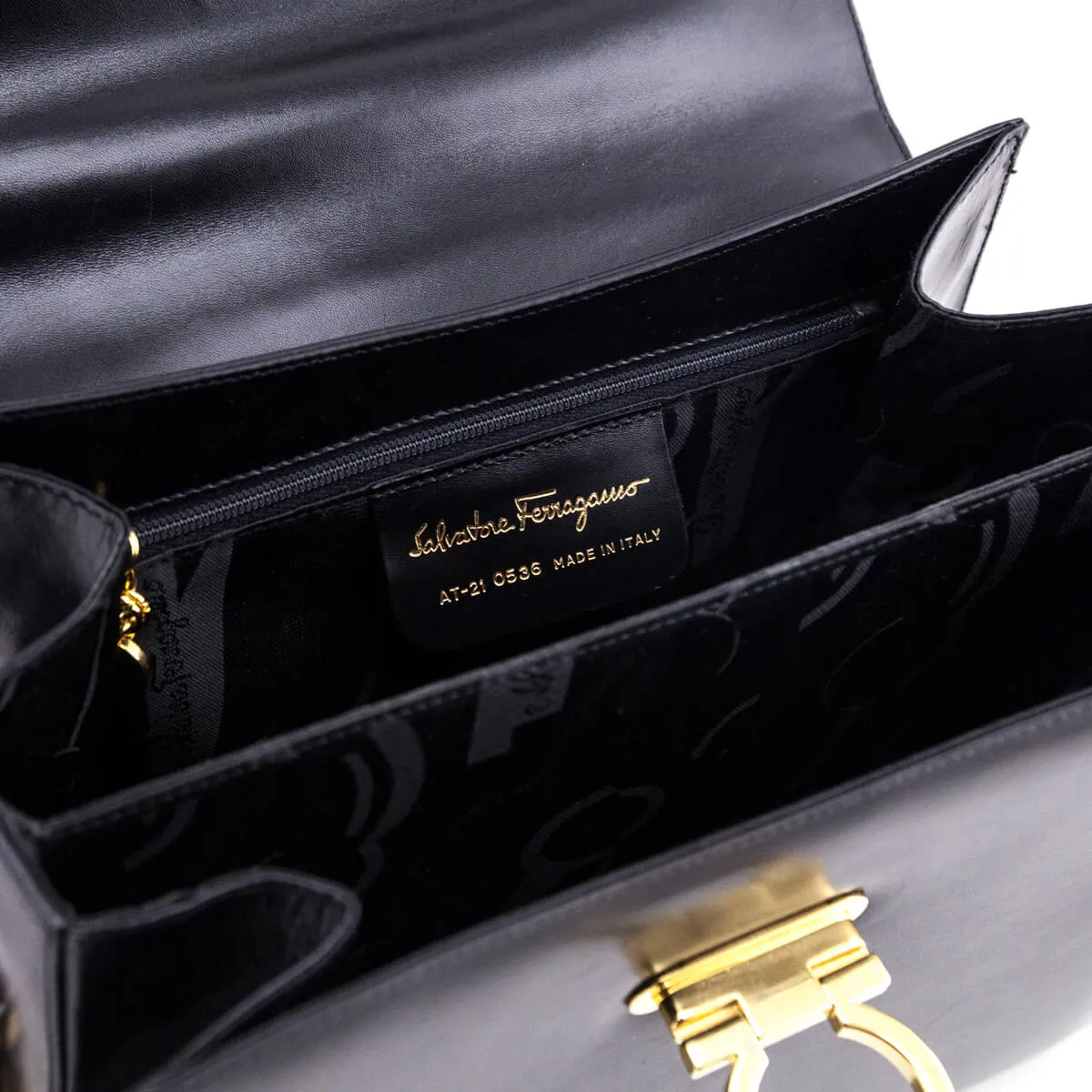 Ferragamo Black Smooth Calfskin Gancini Top Handle Bag