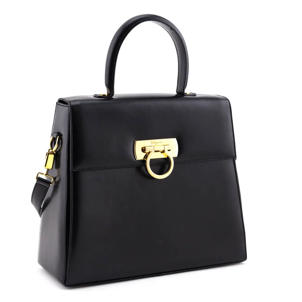 Ferragamo Black Smooth Calfskin Gancini Top Handle Bag