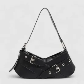 Frances | Edgy Black Buckle Shoulder Bag