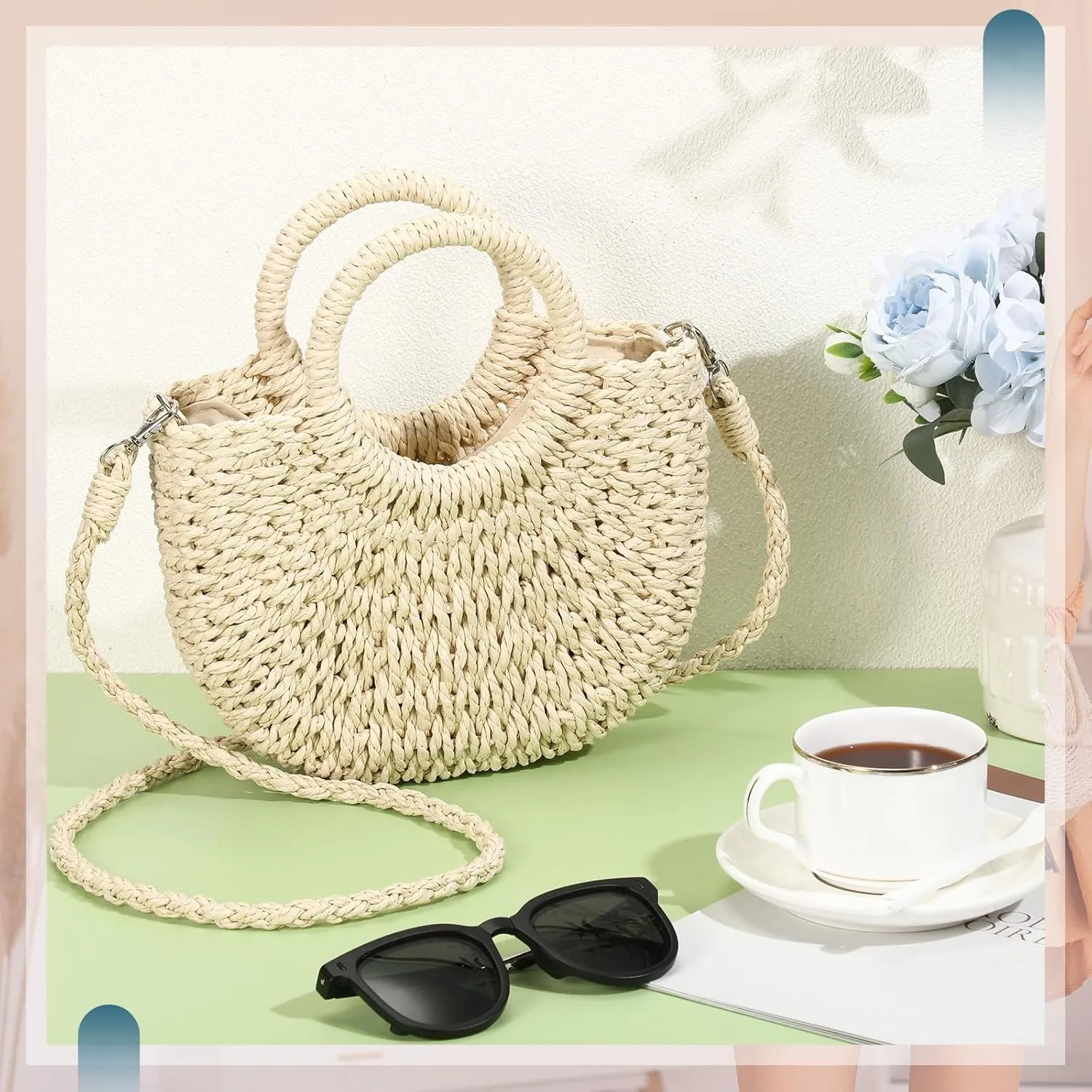 Frienda Straw Tote Bag Summer Beach Bag Handmade Straw Rattan Woven Handbag for Women Travel