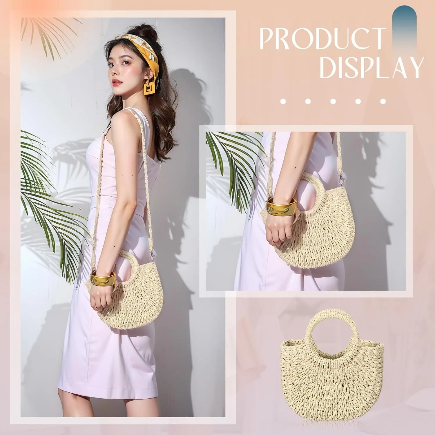 Frienda Straw Tote Bag Summer Beach Bag Handmade Straw Rattan Woven Handbag for Women Travel