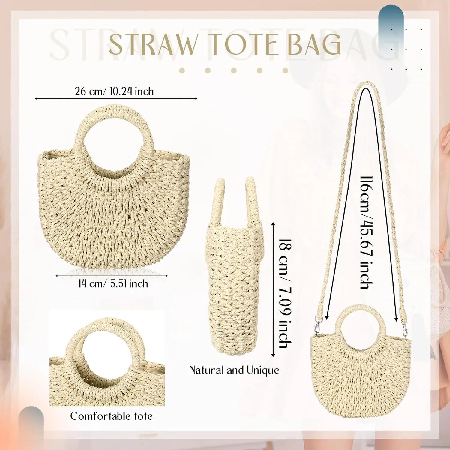 Frienda Straw Tote Bag Summer Beach Bag Handmade Straw Rattan Woven Handbag for Women Travel