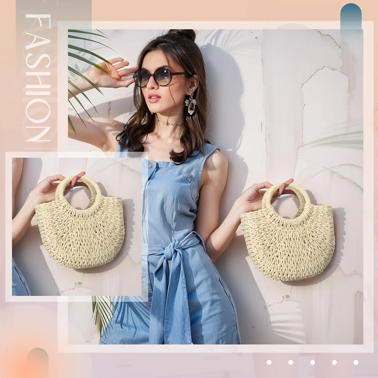 Frienda Straw Tote Bag Summer Beach Bag Handmade Straw Rattan Woven Handbag for Women Travel