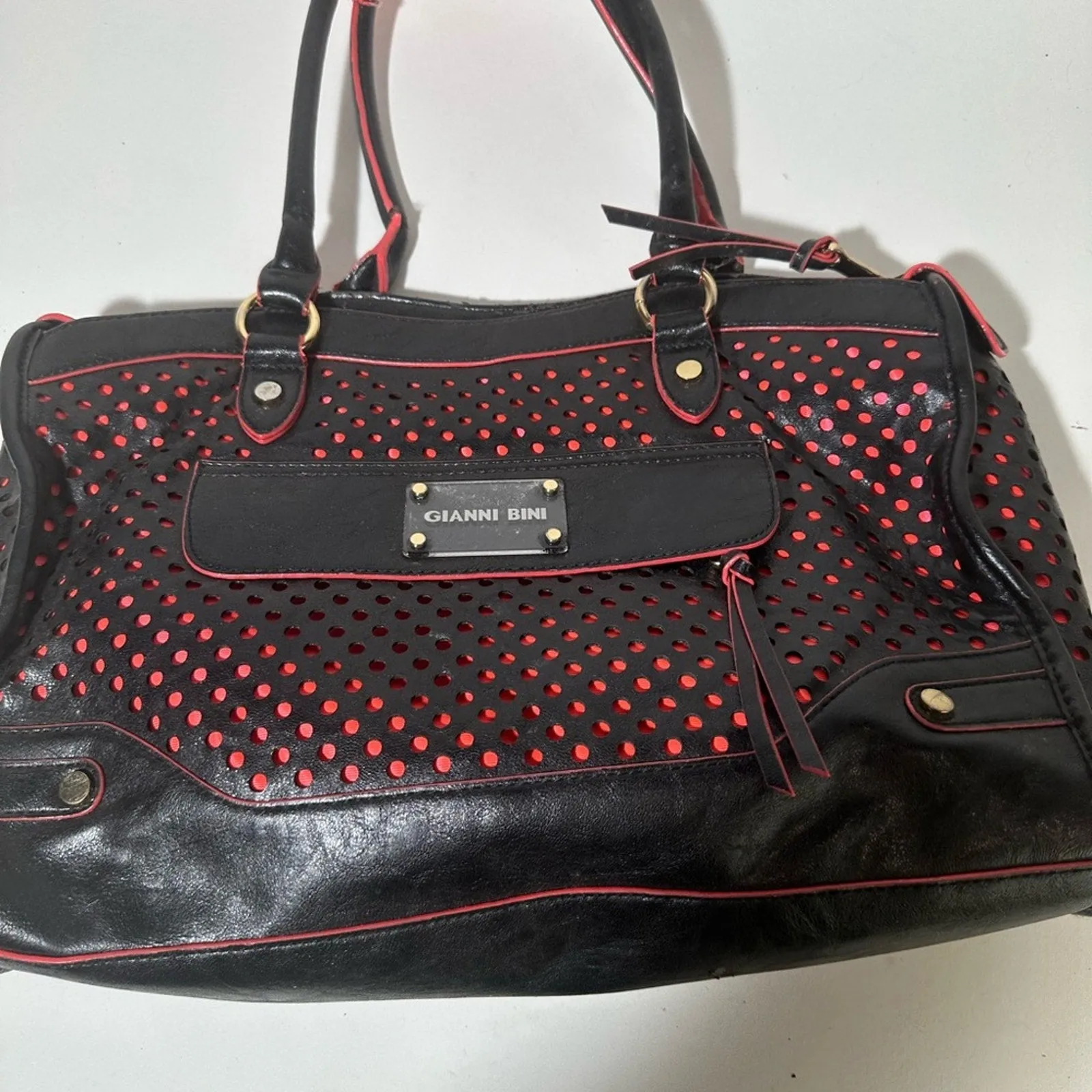Gianni Bini Black and Red Satchel with Perforated Design