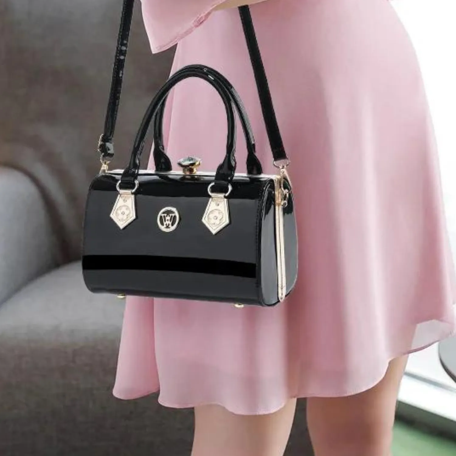 Glossy Patent Leather Diamond Handbag