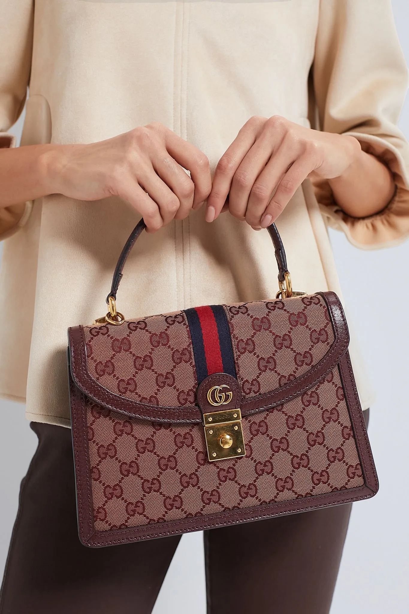 GUCCI Red Small GG Coated Canvas Ophidia Flap Top Handle Bag